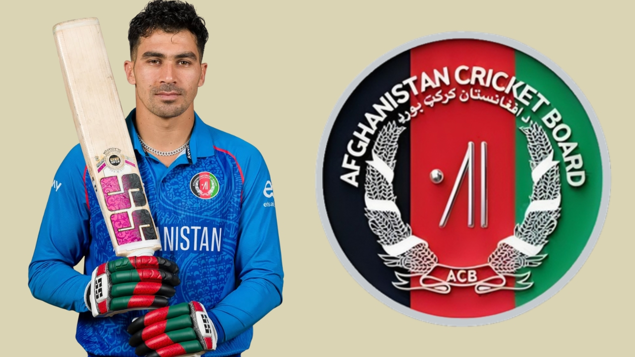 Rahmanullah Gurbaz in Afghanistan cricket team jersey holding a bat with ACB logo in the background