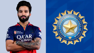 Rajat Patidar in Royal Challengers Bangalore jersey alongside the Board of Control for Cricket in India (BCCI) logo.