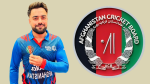 Rashid Khan in Afghanistan cricket team jersey holding emblem, alongside Afghanistan Cricket Board logo.
