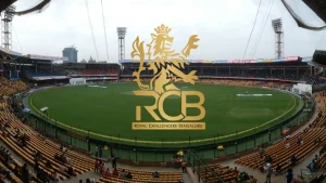 Royal Challengers Bengaluru (RCB) logo overlaid on M. Chinnaswamy Stadium in Bengaluru