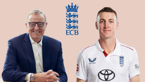 ECB Chairman Richard Thompson and England cricketer Harry Brook pictured with the England and Wales Cricket Board (ECB) logo on a light background.
