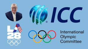 Richard Thompson featured alongside logos of the LA28 Olympics, International Cricket Council (ICC), and International Olympic Committee (IOC) on a blue background.