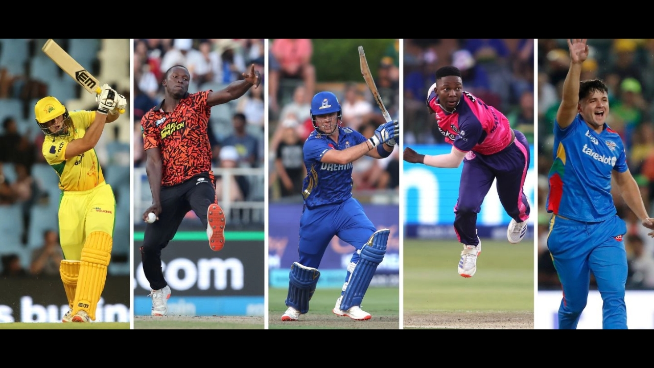 Five cricketers in action wearing different team jerseys during SA20 League 2025, showcasing batting and bowling moments.