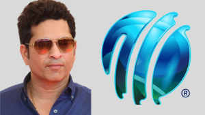 Sachin Tendulkar wearing sunglasses next to the ICC (International Cricket Council) logo on a grey background