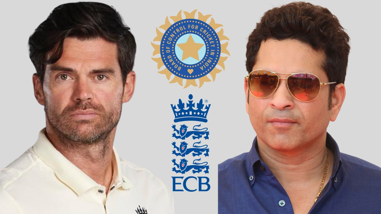Cricket legends Sachin Tendulkar and James Anderson with the logos of the Board of Control for Cricket in India (BCCI) and England and Wales Cricket Board (ECB) on a grey background.
