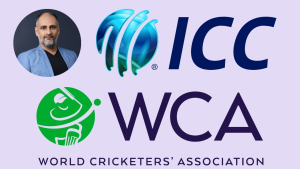 Sanjog Gupta pictured alongside the logos of the International Cricket Council (ICC) and World Cricketers' Association (WCA) on a light purple background.