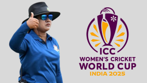 Umpire Shathira Jakir Jessy giving a thumbs up beside ICC Women's Cricket World Cup 2025 logo