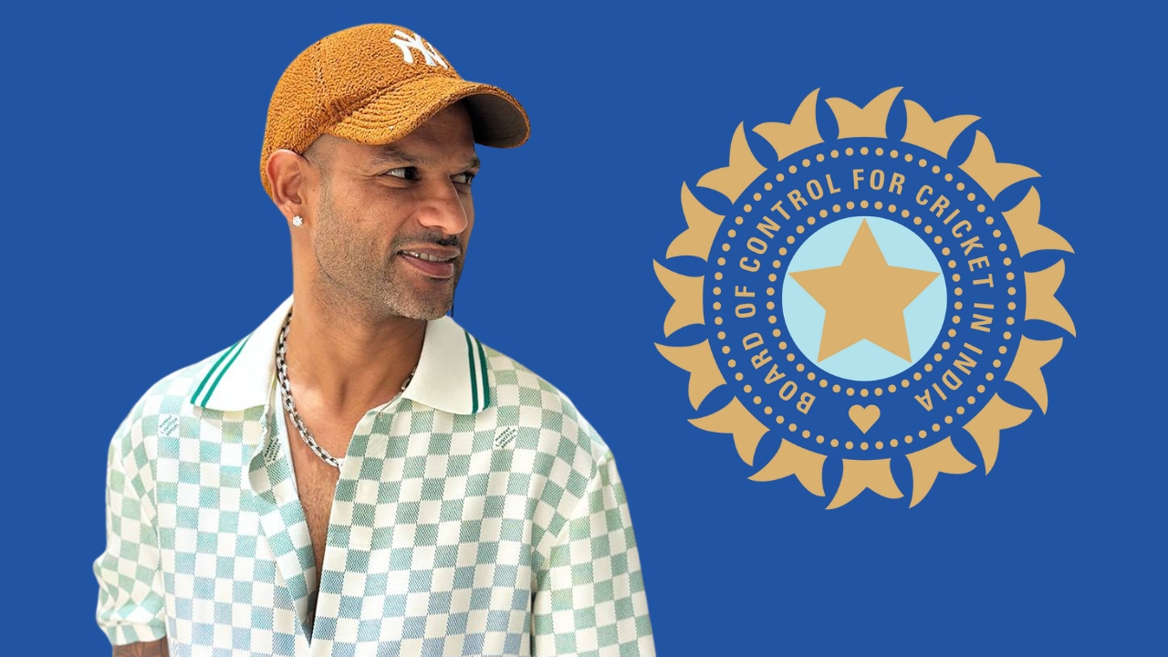 Indian cricketer Shikhar Dhawan standing beside the BCCI (Board of Control for Cricket in India) logo on a blue background.