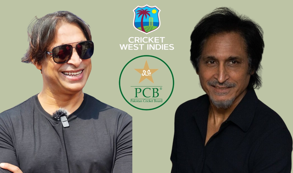 Shoaib Akhtar and Rameez Raja with logos of Cricket West Indies (CWI) and Pakistan Cricket Board (PCB) in the background.
