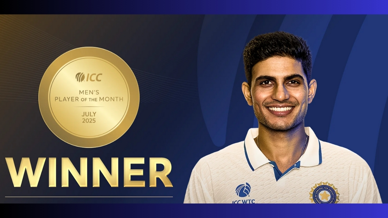 Shubman Gill smiling after winning ICC Men’s Player of the Month award for July 2025, with Asia Cup and BCCI logos in the background.