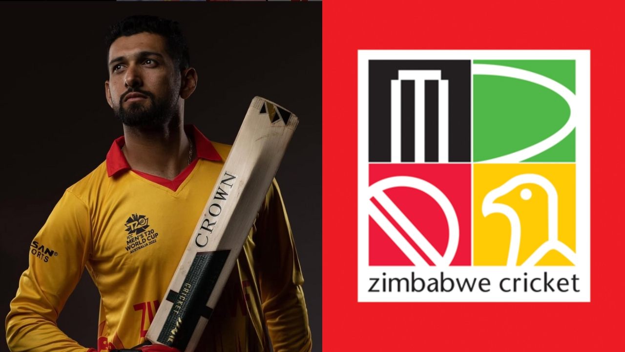 Sikandar Raza in Zimbabwe cricket team jersey holding a bat with Zimbabwe Cricket logo in the background