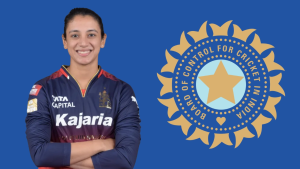 Smriti Mandhana in Royal Challengers Bangalore jersey smiling with arms crossed, next to the Board of Control for Cricket in India (BCCI) logo.