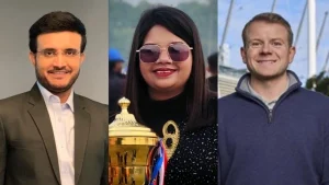 Collage featuring Sourav Ganguly, Ghazal Khan holding a trophy, and Nathan Copey