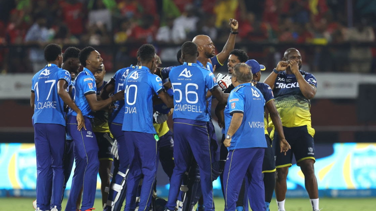 St Lucia Kings players celebrating victory during a Caribbean Premier League cricket match.
