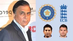 Sunil Gavaskar, Sachin Tendulkar, and James Anderson alongside BCCI and ECB cricket board logos.