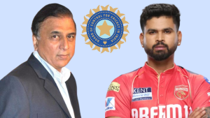 Sunil Gavaskar and Shreyas Iyer with BCCI logo in the background on a light blue backdrop