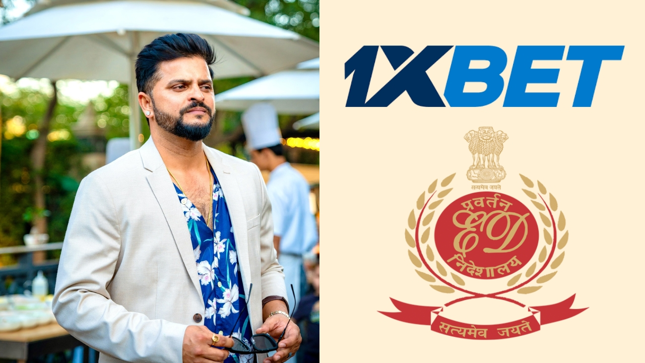 Suresh Raina pictured on the left alongside logos of BCCI, 1XBET, and the Enforcement Directorate (ED), suggesting a context involving cricket, betting, and investigation.