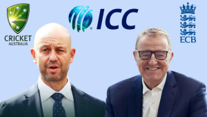 Todd Greenberg and Richard Thompson with ICC, England and Wales Cricket Board (ECB), and Cricket Australia logos in the background.