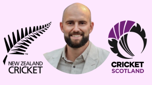 Tom Bruce pictured between the New Zealand Cricket (NZC) and Cricket Scotland logos, representing a connection between the two national cricket boards in 2025.