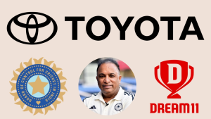 Toyota, Dream11, and BCCI logos with Devajit Lon Saikia pictured in the center