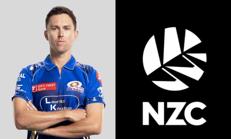 Trent Boult in Mumbai Indians jersey with arms crossed, positioned beside the New Zealand Cricket (NZC) logo.