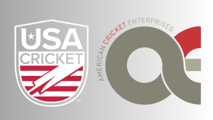 Logos of USA Cricket and American Cricket Enterprises (ACE) on a grey gradient background