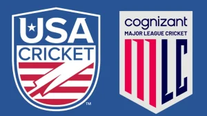 Logos of USA Cricket and Cognizant Major League Cricket (MLC) on a blue background.
