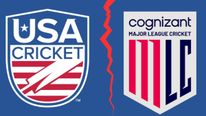 USA Cricket and Major League Cricket (MLC) logos separated by a jagged red line symbolizing a split or conflict.