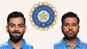 Virat Kohli and Rohit Sharma in Indian cricket jerseys with BCCI logo in the background