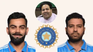 Virat Kohli and Rohit Sharma in Indian cricket jerseys with BCCI logo and Rajeev Shukla above them.