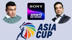Virender Sehwag and Rajesh Kaul with Sony Sports Network logo and Asia Cup cricket tournament logo in the background.