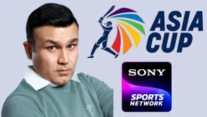 Virender Sehwag with Asia Cup and Sony Sports Network logos in the background