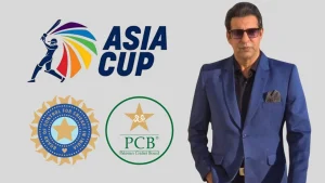 Wasim Akram in a blue suit standing next to Asia Cup, PCB (Pakistan Cricket Board), and BCCI (Board of Control for Cricket in India) logos on a grey background.