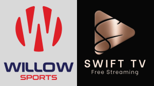 Side-by-side logos of Willow TV Sports and Swift TV Free Streaming, showcasing cricket broadcasting and streaming platforms in 2025.
