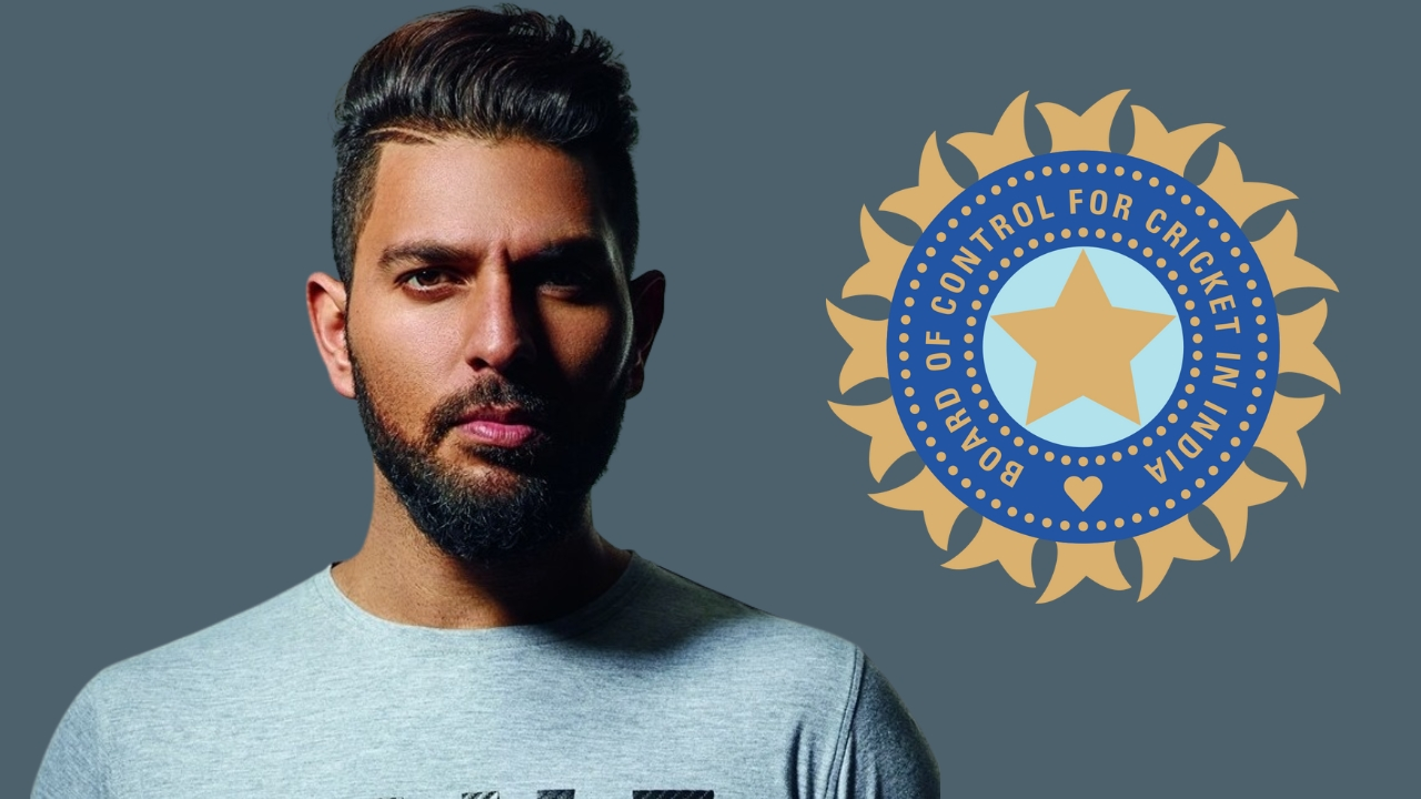 Indian cricketer Yuvraj Singh in a grey shirt with the BCCI (Board of Control for Cricket in India) logo on a grey background.