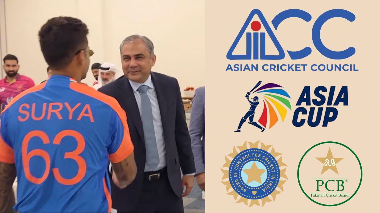 Indian cricketer Suryakumar Yadav greets PCB chairman Mohsin Naqvi during an official cricket event.