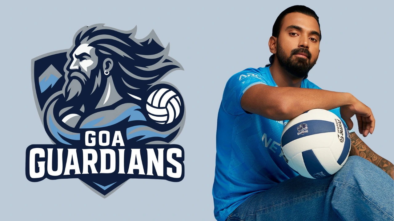 KL Rahul in a Delhi Capitals jersey standing beside the Goa Guardians team logo on a light background