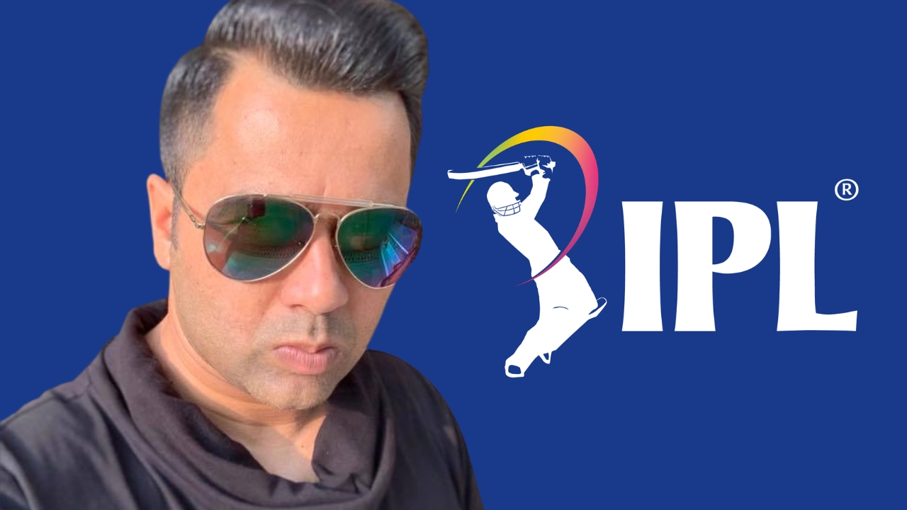 Aakash Chopra wearing sunglasses with IPL (Indian Premier League) logo on blue background