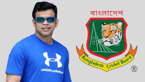 Abdur Razzak wearing sunglasses and blue Under Armour shirt next to Bangladesh Cricket Board (BCB) logo
