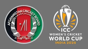 Logos of the Afghanistan Cricket Board (ACB) and ICC Women’s Cricket World Cup India 2025 on a grey background