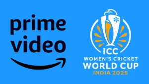 Amazon Prime Video and ICC Women’s Cricket World Cup India 2025 logos on blue background