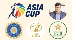 Asia Cup 2025 visual featuring logos of BCCI, PCB, UAE Cricket Board and a portrait of cricket administrator Subhan Ahmed