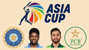 Asia Cup logo with BCCI and PCB emblems, featuring Indian cricketer Surya Kumar Yadav and Pakistani cricketer Salman Ali Agha.