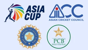 Logos of major Asian cricket authorities including the Asia Cup, Asian Cricket Council (ACC), Board of Control for Cricket in India (BCCI), and Pakistan Cricket Board (PCB) on a light blue background.