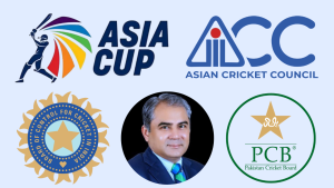 Logos of Asia Cup, Asian Cricket Council (ACC), BCCI, and PCB with a photo of Mohsin Naqvi in the center