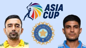 Asia Cup and BCCI logos with Indian cricketers Shubman Gill and Robin Uthappa featured side by side in a promotional cricket graphic.