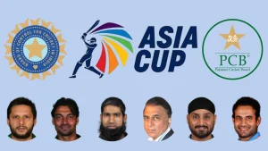 Asia Cup graphic featuring BCCI and PCB logos along with cricket legends Shahid Afridi, Shoaib Akhtar, Mohammad Yousuf, Sunil Gavaskar, Harbhajan Singh, and Irfan Pathan.