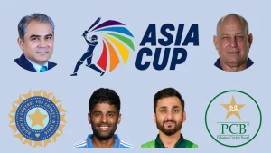 Asia Cup promotional graphic featuring BCCI and PCB logos, match referee Andy Pycroft, PCB chairman Mohsin Naqvi, and cricketers Salman Ali Agha and Suryakumar Yadav.