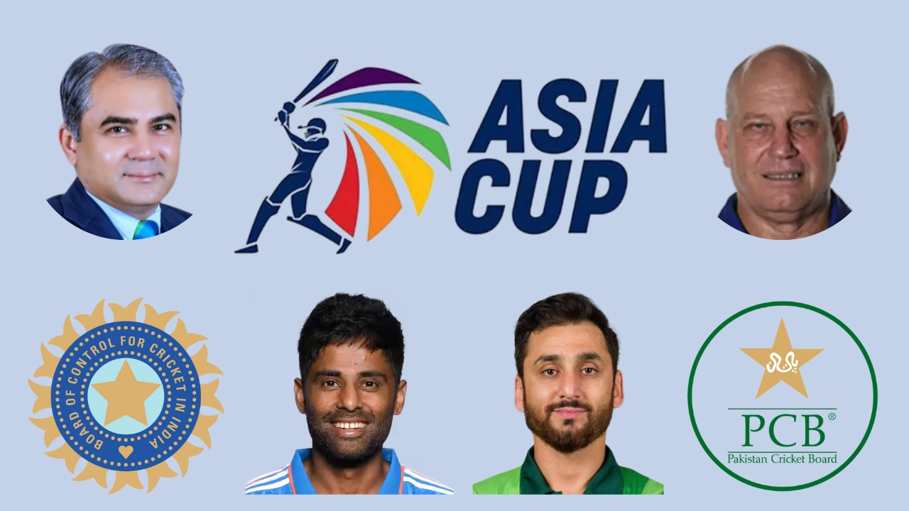 Asia Cup promotional graphic featuring BCCI and PCB logos, match referee Andy Pycroft, PCB chairman Mohsin Naqvi, and cricketers Salman Ali Agha and Suryakumar Yadav.