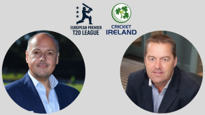 Logos of the European Premier T20 League and Cricket Ireland featured above profile photos of Warren Deutrom and Brian MacNeice, highlighting a collaboration or announcement related to Irish cricket.